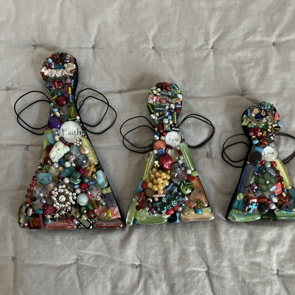 Elijah Crosses Cindy Taylor Mosaic Angel Set Faith Family Love Mixed Media 3pc